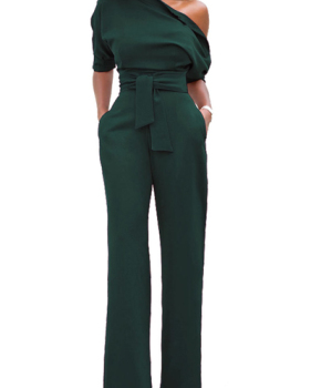 Stylish One-shoulder Army Green Polyester One-piece Jumpsuits(With Belt)