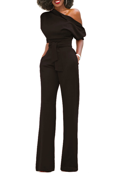 Stylish One-shoulder Black Polyester One-piece Jumpsuits(With Belt)