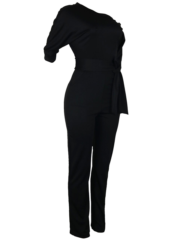 Stylish One-shoulder Black Polyester One-piece Jumpsuits(With Belt)