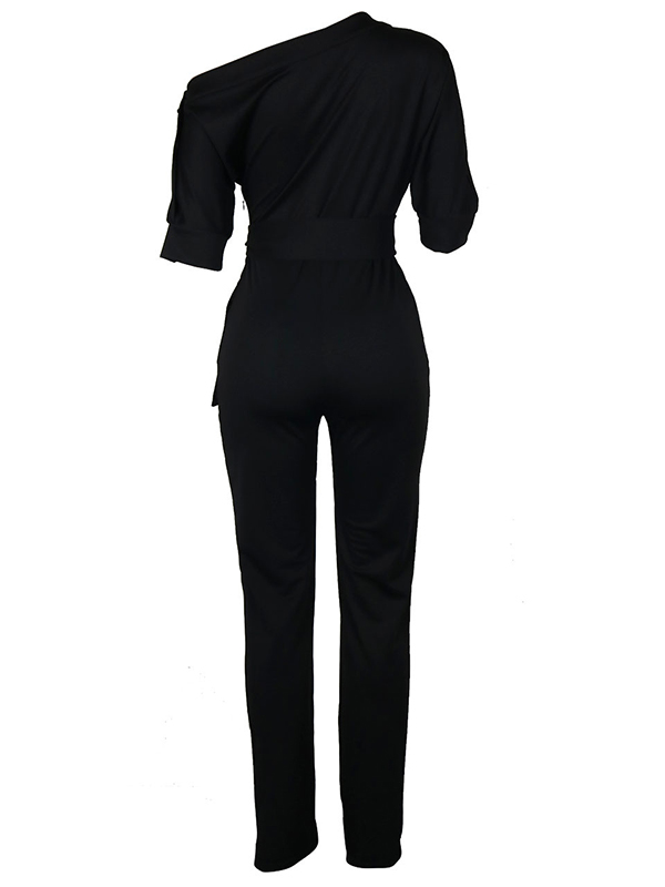 Stylish One-shoulder Black Polyester One-piece Jumpsuits(With Belt)