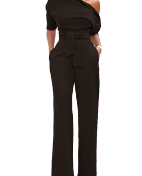 Stylish One-shoulder Black Polyester One-piece Jumpsuits(With Belt)