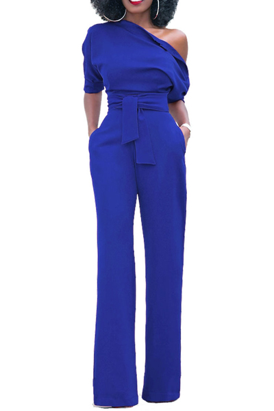 Stylish One-shoulder Blue Polyester One-piece Jumpsuits(With Belt)