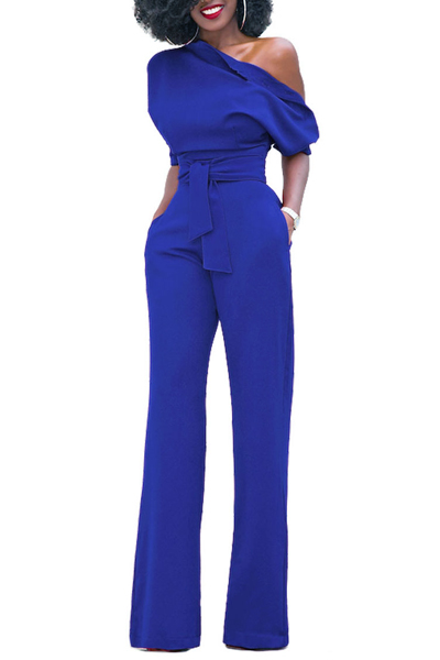 Stylish One-shoulder Blue Polyester One-piece Jumpsuits(With Belt)