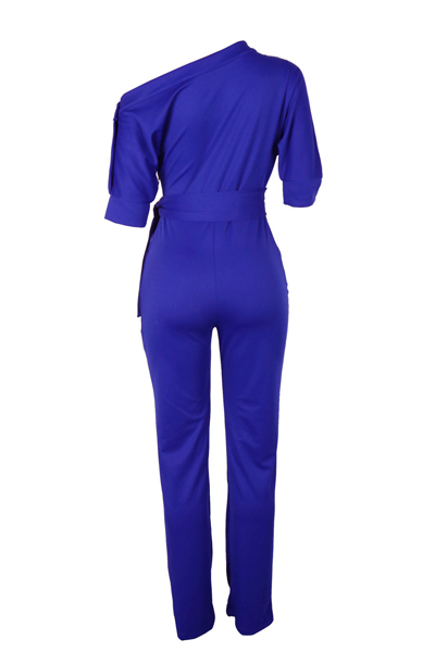 Stylish One-shoulder Blue Polyester One-piece Jumpsuits(With Belt)