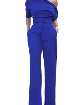 Stylish One-shoulder Blue Polyester One-piece Jumpsuits(With Belt)