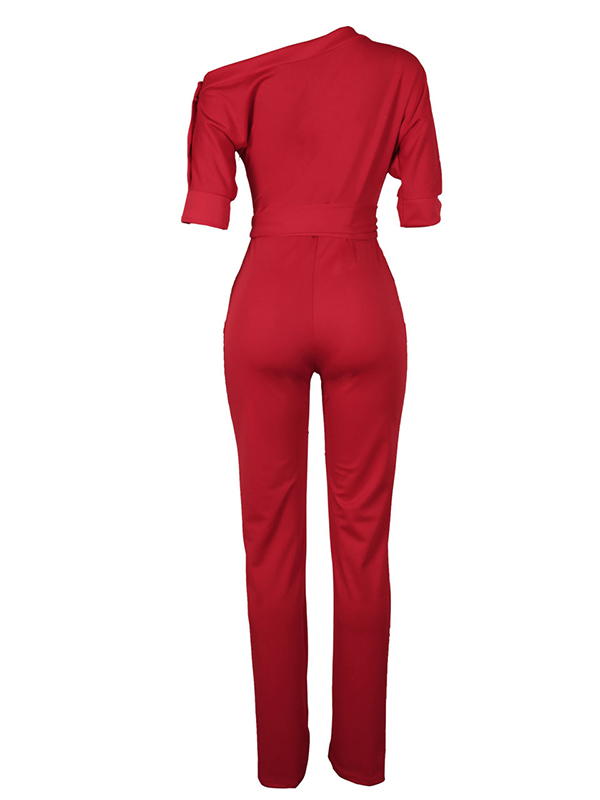 Stylish One-shoulder Red Polyester One-piece Jumpsuits(With Belt)