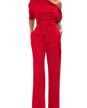 Stylish One-shoulder Red Polyester One-piece Jumpsuits(With Belt)