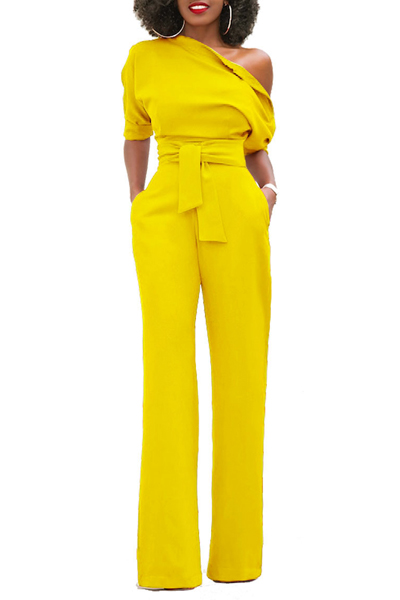 Stylish One-shoulder Yellow Polyester One-piece Jumpsuits(With Belt)