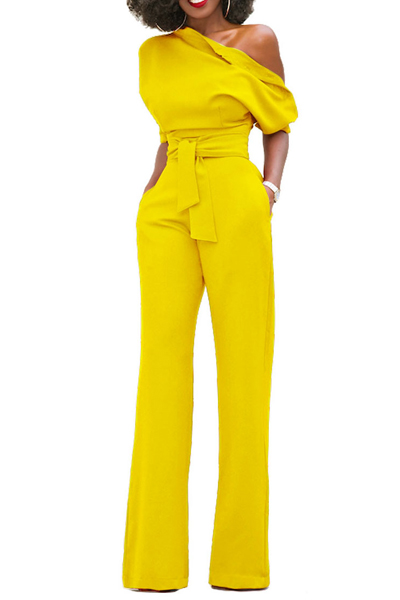 Stylish One-shoulder Yellow Polyester One-piece Jumpsuits(With Belt)