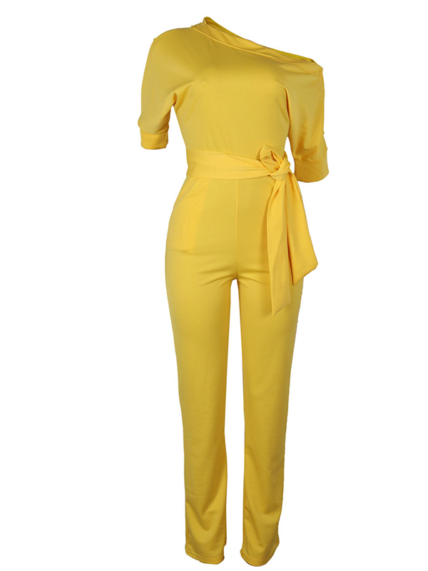 Stylish One-shoulder Yellow Polyester One-piece Jumpsuits(With Belt)