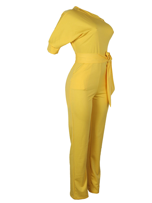 Stylish One-shoulder Yellow Polyester One-piece Jumpsuits(With Belt)