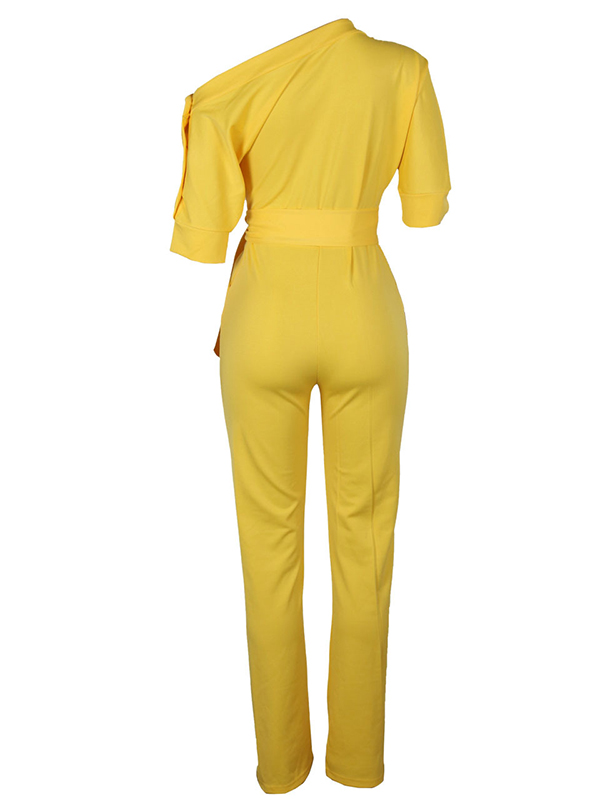 Stylish One-shoulder Yellow Polyester One-piece Jumpsuits(With Belt)