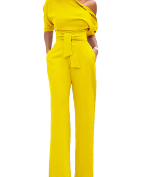 Stylish One-shoulder Yellow Polyester One-piece Jumpsuits(With Belt)