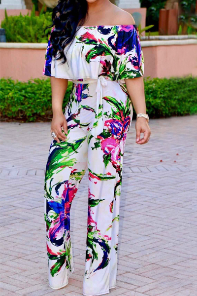 Stylish Printed White Milk Fiber One-piece Jumpsuits