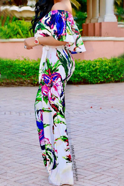 Stylish Printed White Milk Fiber One-piece Jumpsuits