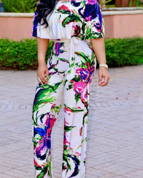 Stylish Printed White Milk Fiber One-piece Jumpsuits