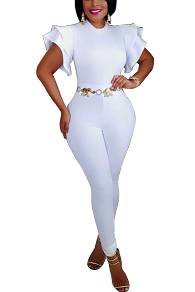 Stylish Round Neck Short Sleeves Falbala Design White Polyester One-piece Skinny Jumpsuits(Without Belt)