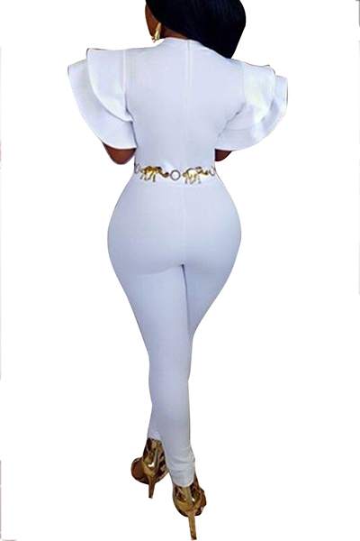 Stylish Round Neck Short Sleeves Falbala Design White Polyester One-piece Skinny Jumpsuits(Without Belt)