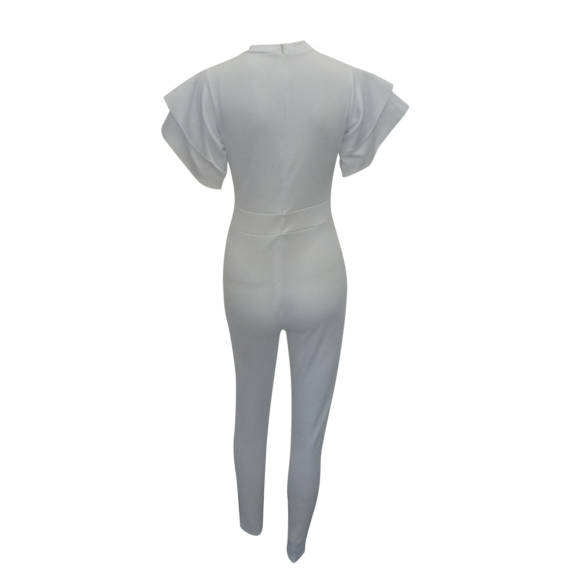 Stylish Round Neck Short Sleeves Falbala Design White Polyester One-piece Skinny Jumpsuits(Without Belt)