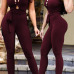 Stylish Round Neck Short Sleeves Hollow-out Wine Red Twilled One-piece Skinny Jumpsuits