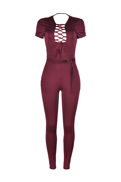 Stylish Round Neck Short Sleeves Hollow-out Wine Red Twilled One-piece Skinny Jumpsuits