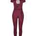 Stylish Round Neck Short Sleeves Hollow-out Wine Red Twilled One-piece Skinny Jumpsuits