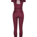 Stylish Round Neck Short Sleeves Hollow-out Wine Red Twilled One-piece Skinny Jumpsuits