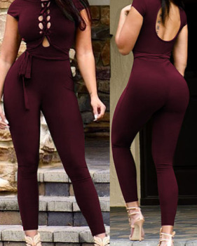 Stylish Round Neck Short Sleeves Hollow-out Wine Red Twilled One-piece Skinny Jumpsuits