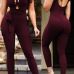 Stylish Round Neck Short Sleeves Hollow-out Wine Red Twilled One-piece Skinny Jumpsuits