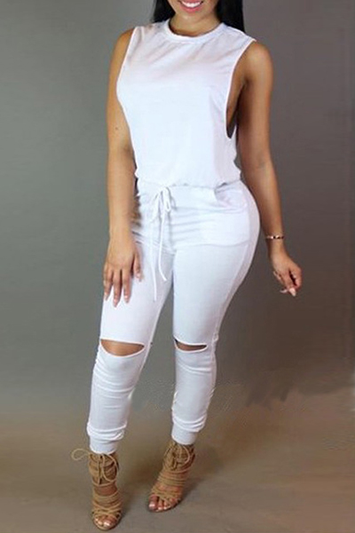 Stylish Round Neck Sleeveless Broken Holes Zipper Design White Polyester One-piece Jumpsuits