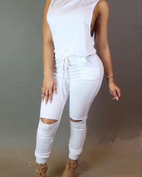 Stylish Round Neck Sleeveless Broken Holes Zipper Design White Polyester One-piece Jumpsuits