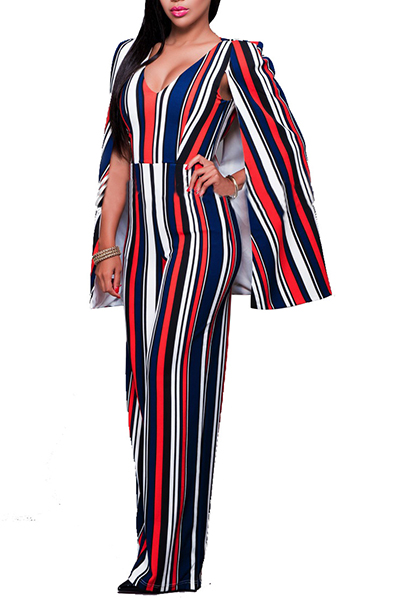 Stylish Striped Red Cotton One-piece Jumpsuits