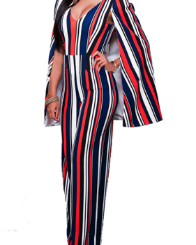 Stylish Striped Red Cotton One-piece Jumpsuits