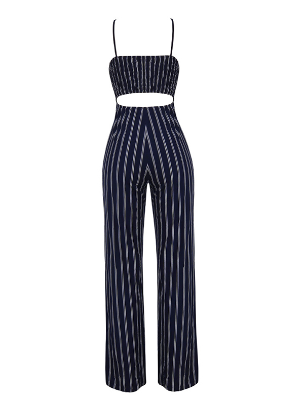 Stylish Striped Royalblue Cotton One-piece Jumpsuits