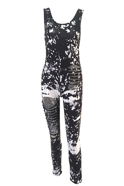 Stylish U-shaped Neck Sleeveless Printed Broken Holes Qmilch One-piece Skinny Jumpsuits