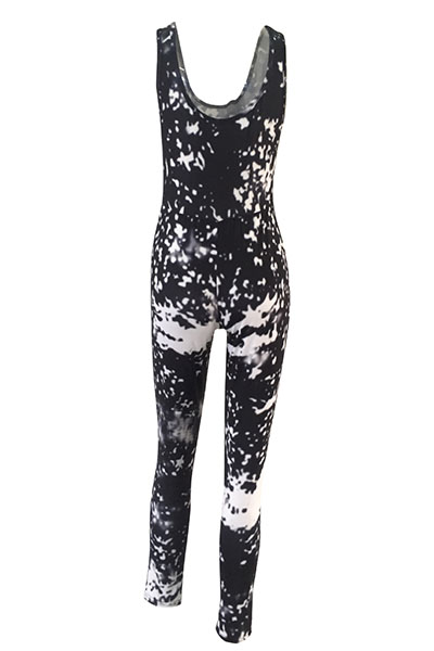 Stylish U-shaped Neck Sleeveless Printed Broken Holes Qmilch One-piece Skinny Jumpsuits