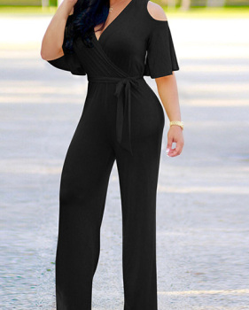 Stylish V Neck Half Sleeves Hollow-out Black Qmilch One-piece Jumpsuits (With Belt)