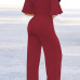 Stylish V Neck Half Sleeves Hollow-out Wine Red  Qmilch One-piece Jumpsuits (With Belt)