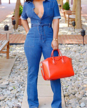 Stylish V Neck Lace-up Blue Denim One-piece Jumpsuits