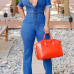 Stylish V Neck Lace-up Blue Denim One-piece Jumpsuits