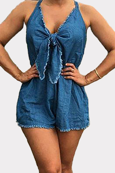 Stylish V Neck Sleeveless Hollow-out Blue Denim One-piece Jumpsuits