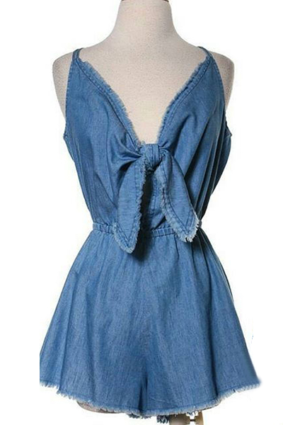 Stylish V Neck Sleeveless Hollow-out Blue Denim One-piece Jumpsuits