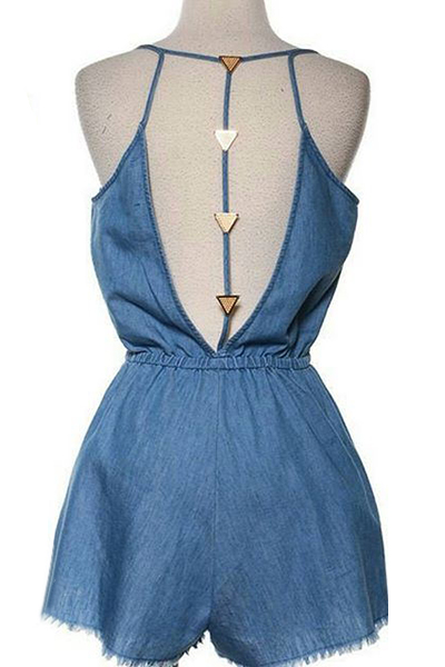 Stylish V Neck Sleeveless Hollow-out Blue Denim One-piece Jumpsuits