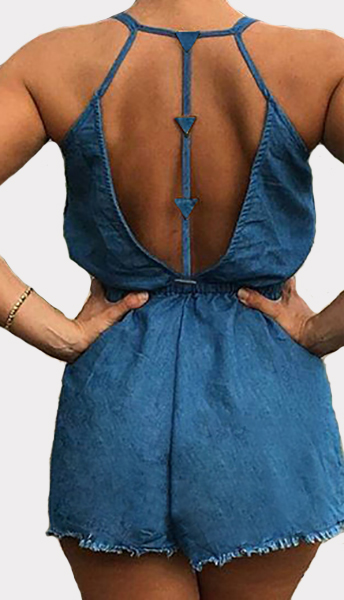 Stylish V Neck Sleeveless Hollow-out Blue Denim One-piece Jumpsuits