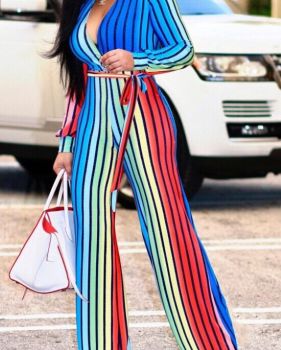 Stylish V Neck Striped Polyester One-piece Jumpsuits