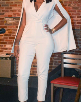 Stylish V Neck White Twilled One-piece Jumpsuits