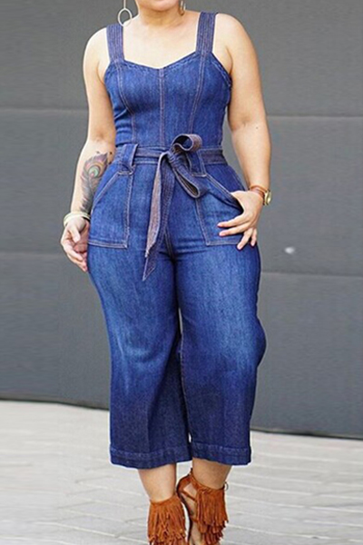 Trendy Dark Blue Denim One-piece Jumpsuits