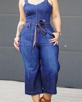 Trendy Dark Blue Denim One-piece Jumpsuits