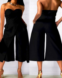 Trendy Dew Shoulder Patchwork Black Cotton Blends One-piece Jumpsuits