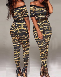 Trendy Dew Shoulder Printed Black Polyester One-piece Jumpsuits